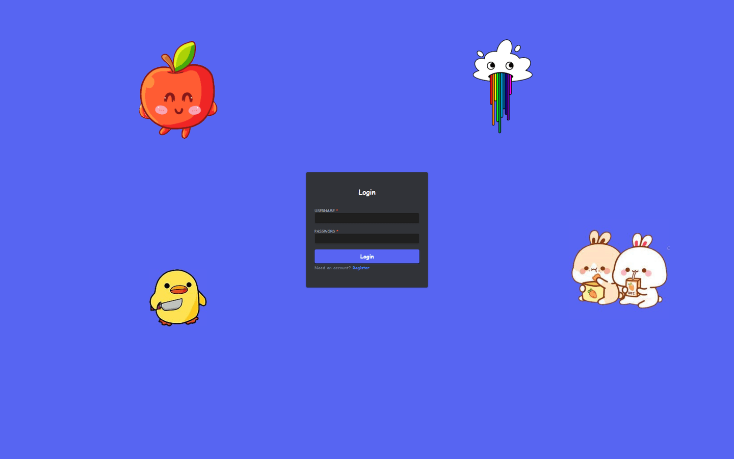 The Discord clone sign-in page: a dark login card on a blurple background, with cartoon stickers around it
